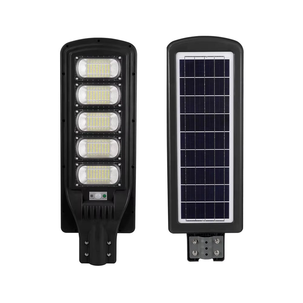 Lampadaire solaire 200W tout-en-un avec panneau solaire intégré, support et détecteur de mouvement
