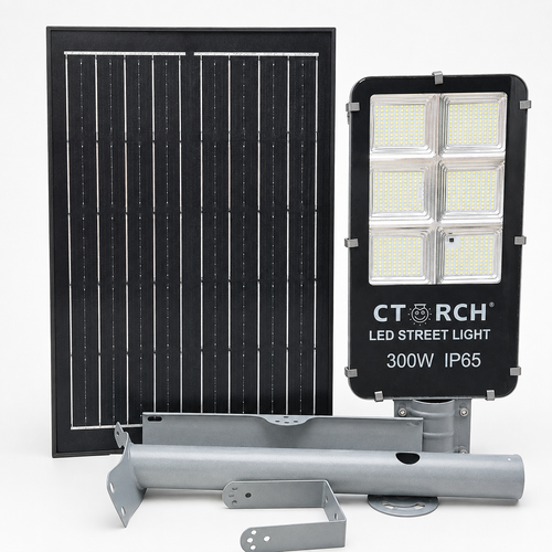 Lampadaire solaire 300W 2 en 1 haut de gamme avec panneau solaire et supports