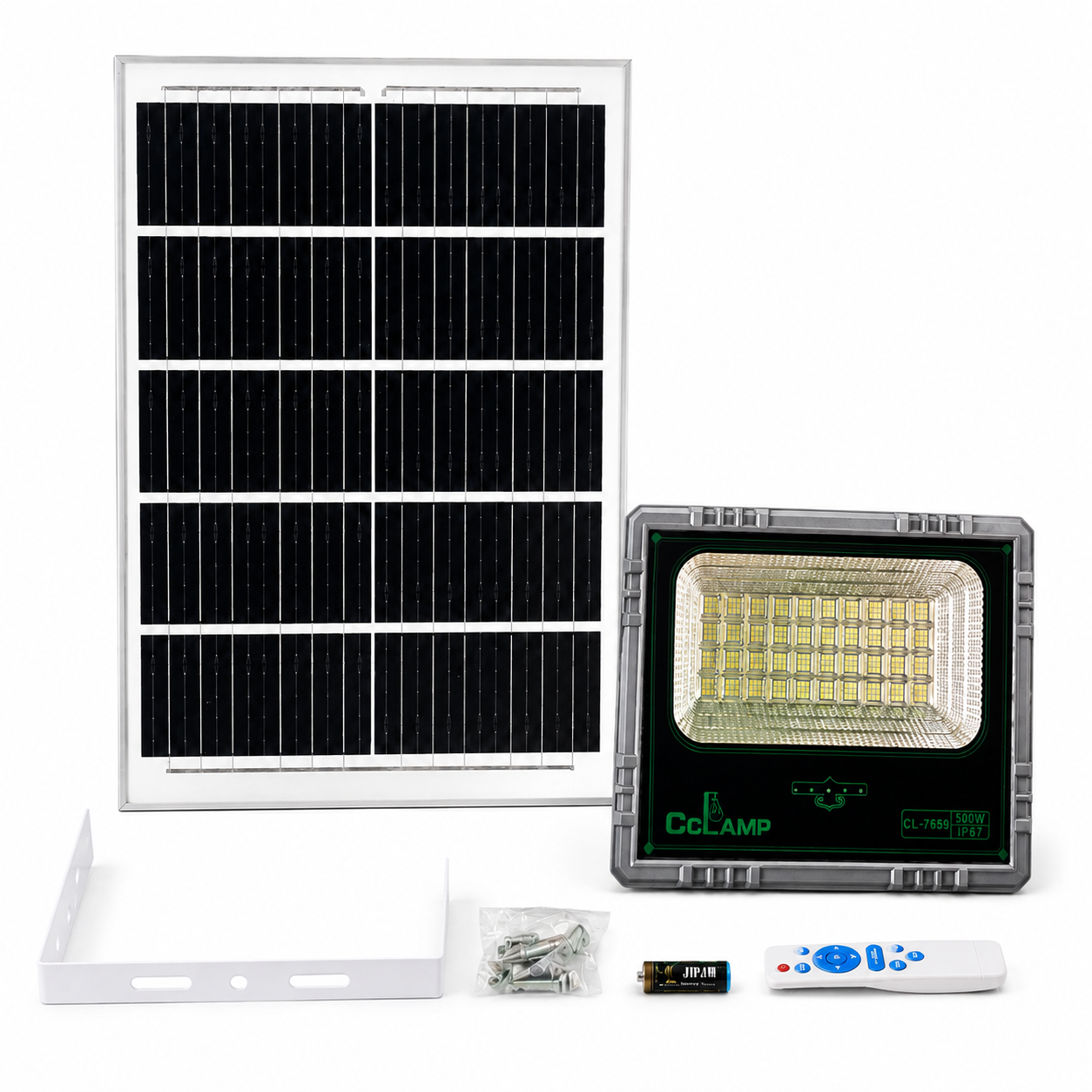 Projecteur solaire 500W avec panneau solaire, télécommande et accessoires